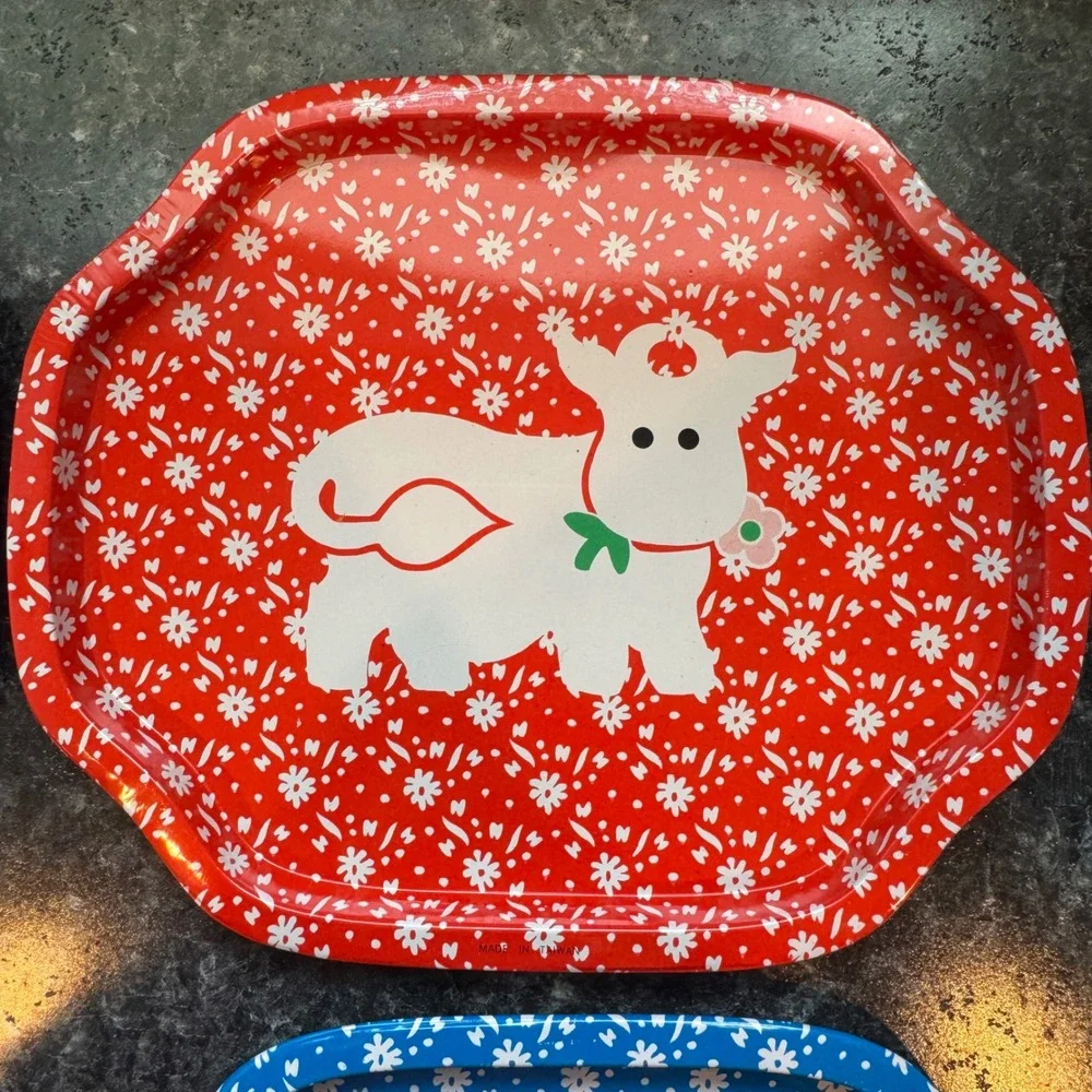 Vintage Farmhouse Animal Tin Trays Set of 4 Duck Cow Chicken Pig Cottagecore